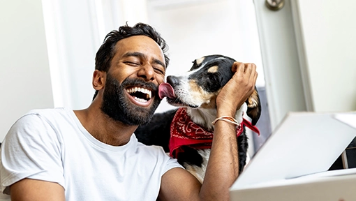 man with beard laughing while dog wearing red bandana licks his face